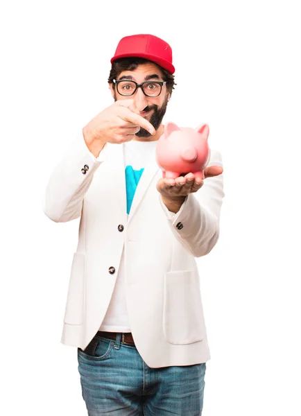 Young crazy businessman with a piggy bank — Stock Photo, Image