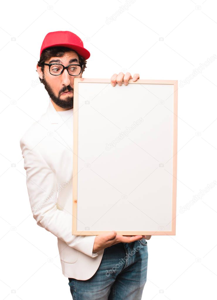 young crazy businessman with placard