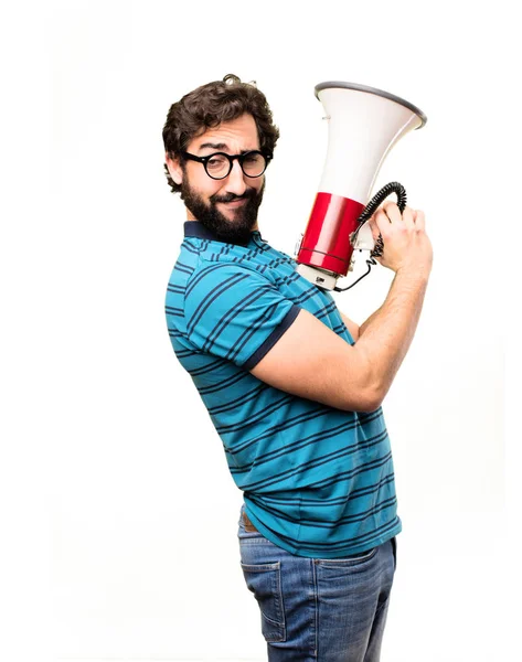 Jovem homem legal com um megafone — Fotografia de Stock