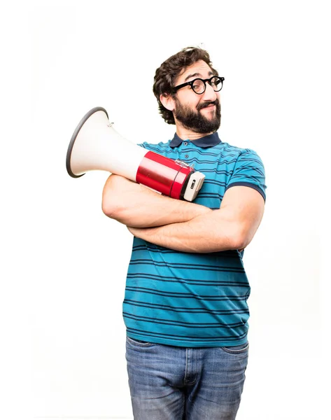 Jovem homem legal com um megafone — Fotografia de Stock