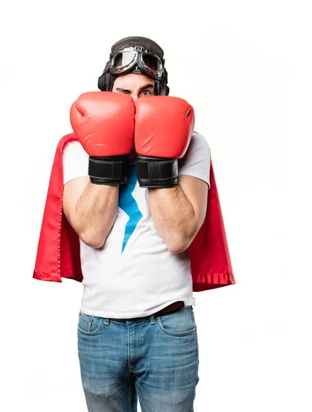 Young super hero with boxing gloves — Stock Photo, Image