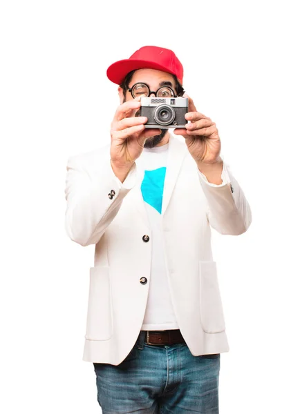 Fiatal őrült üzletember vintage kamerával — Stock Fotó