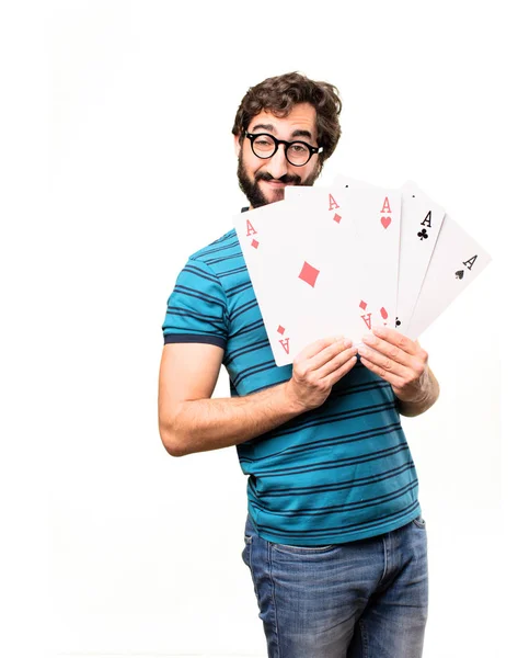 Jovem homem legal com ases de poker — Fotografia de Stock