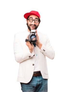 Genç çılgın işadamı ile bir sinema fotoğraf makinesi