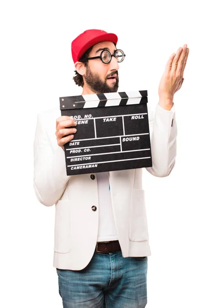 Young crazy businessman with a clapper — Stock Photo, Image