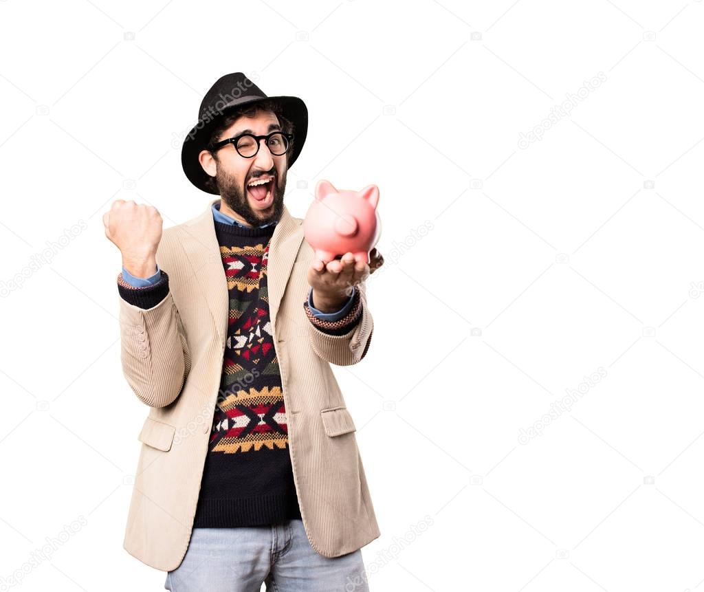 young cool hipster with piggy bank
