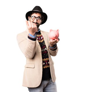 Genç serin hipster kumbara ile