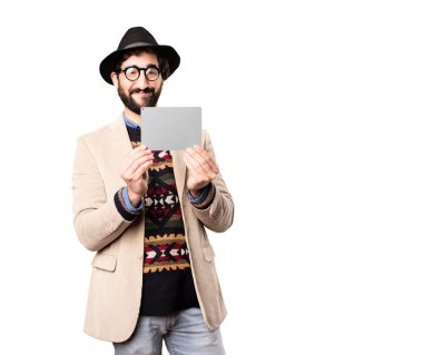 Genç serin hipster gri kart ile