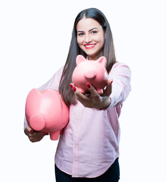 Jovem legal menina com porquinho bancos — Fotografia de Stock