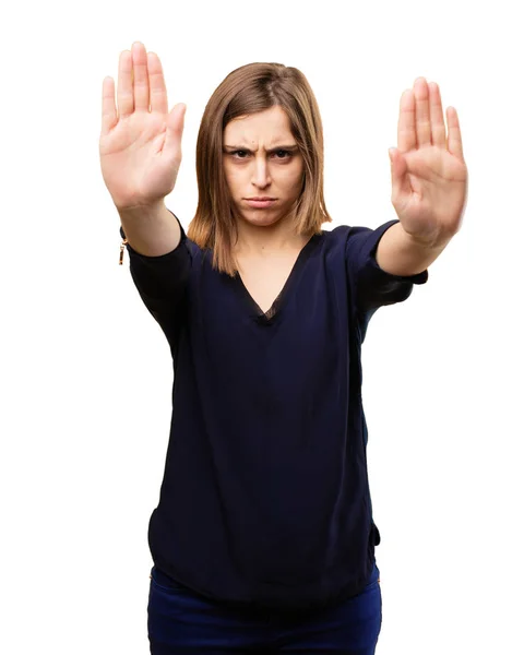 Angry pretty woman with stop sign — Stock Photo, Image