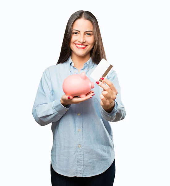 Menina com cartão de crédito e piggybank — Fotografia de Stock