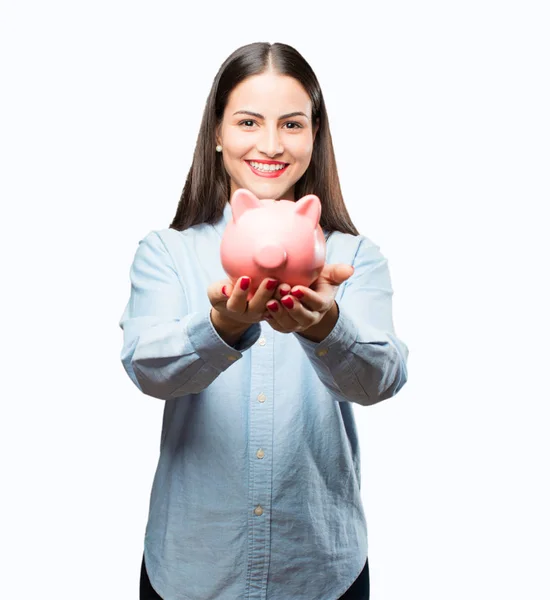 Jovem legal menina com porquinho banco — Fotografia de Stock