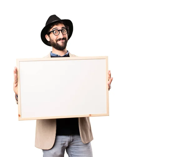 Joven hipster fresco con un cartel — Foto de Stock