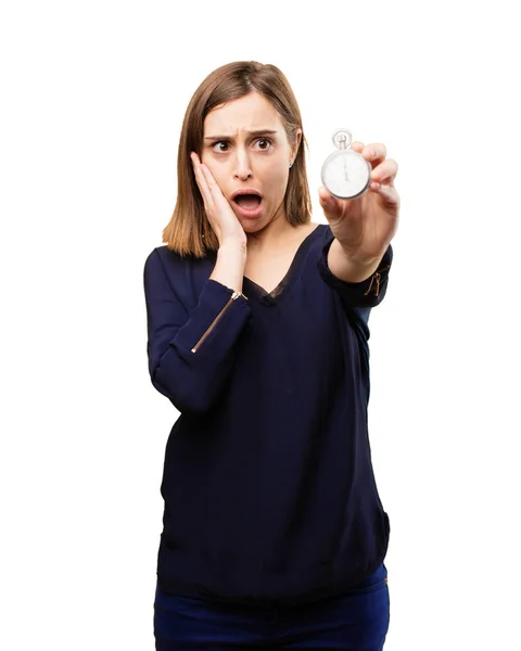 Schöne Frau mit Stoppuhr überrascht — Stockfoto