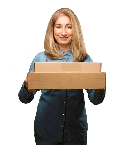 Senior beautiful woman with boxes — Stock Photo, Image