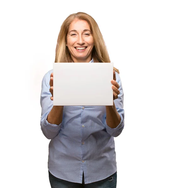 Senior beautiful woman with a placard — Stock Photo, Image