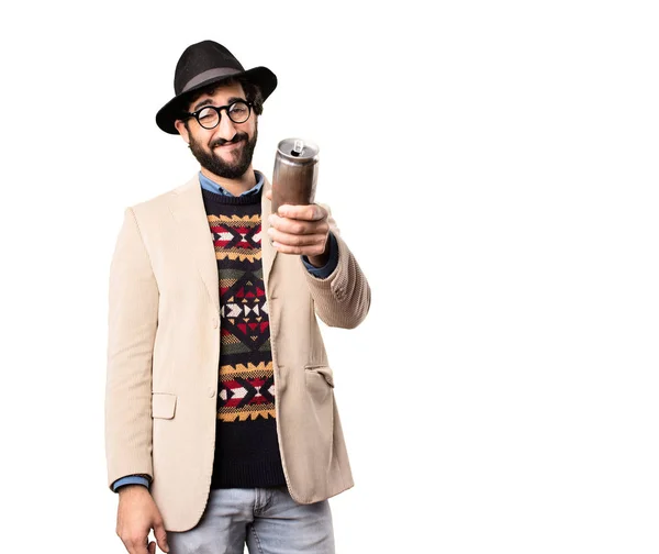 Young cool hipster with a beer — Stock Photo, Image