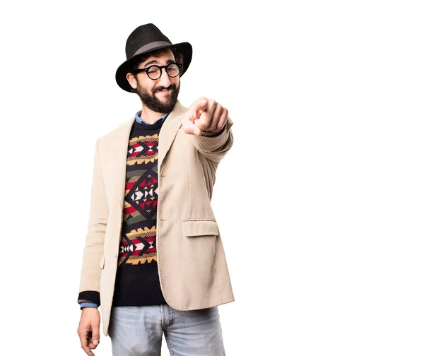 Young cool hipster pointing — Stock Photo, Image