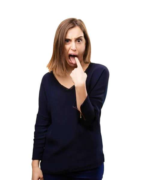 Mujer bonita enojada con signo de vómito —  Fotos de Stock