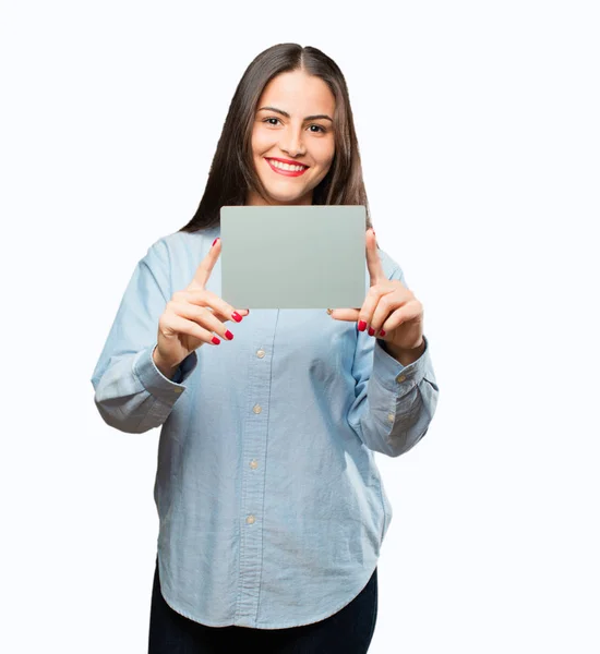 Jovem menina legal com cartão cinza — Fotografia de Stock