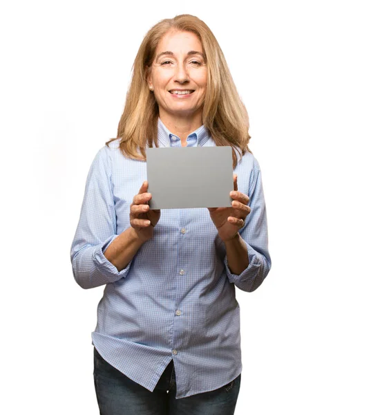 Senior beautiful woman with gray card — Stock Photo, Image