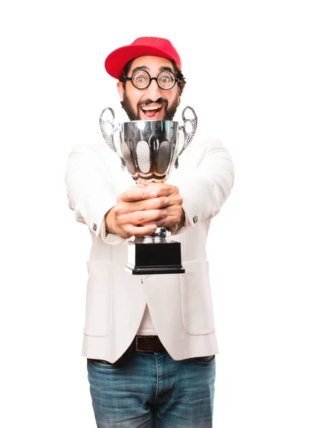 Young crazy businessman with a trophy — Stock Photo, Image