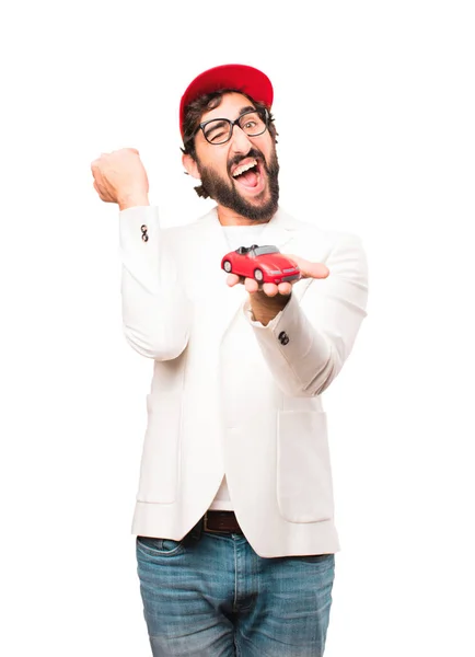 Νέοι τρελός επιχειρηματία με ένα κόκκινο αυτοκίνητο — Φωτογραφία Αρχείου