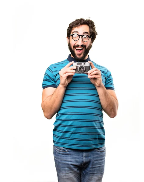 Jeune homme cool avec une vieille caméra — Photo