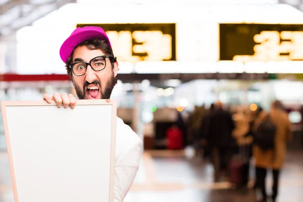 Joven empresario loco con pancarta — Foto de Stock