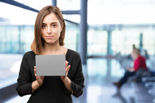 young pretty woman with gray card