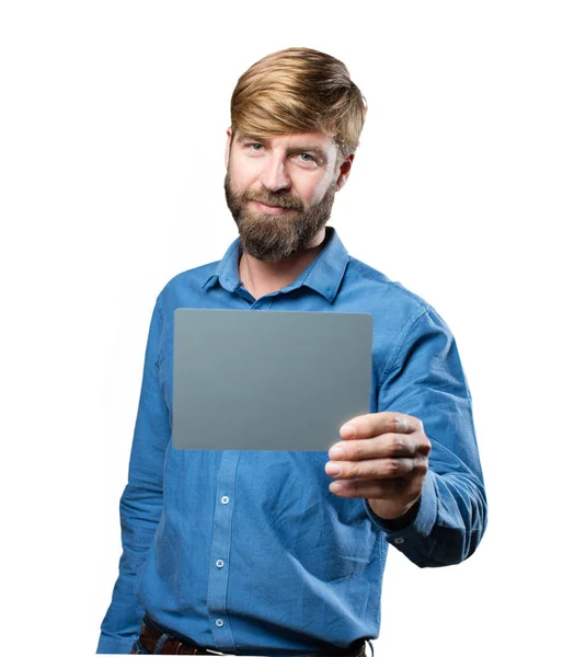 Blond mladík s šedou kartu — Stock fotografie