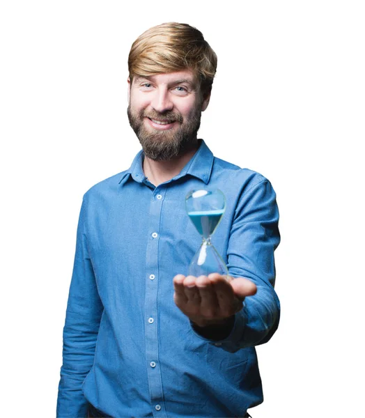 Jeune homme blond avec horloge de sable — Photo