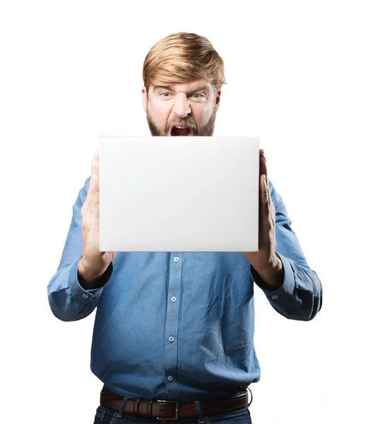 Junger blonder Mann mit einem Plakat — Stockfoto