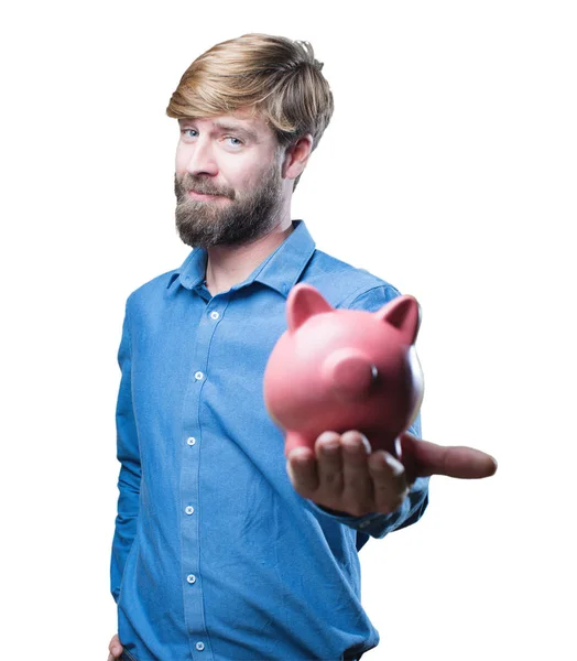 Joven rubia hombre con un piggybank —  Fotos de Stock