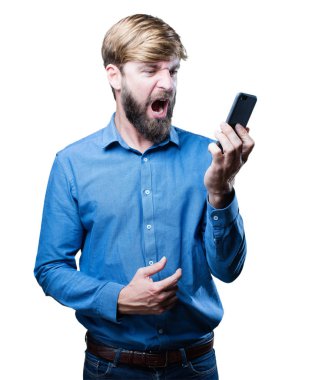 Genç sarışın adam cep telefonu ile