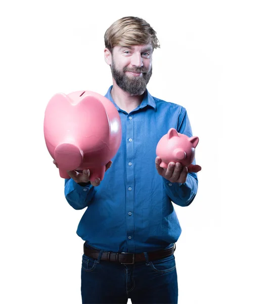 Young blonde man with a piggybanks — Stock Photo, Image