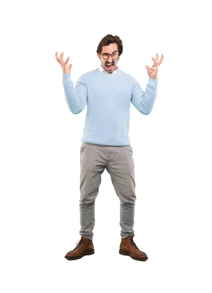 Young Crazy Man Angry Expression Full Body Cutout Person White — Stock Photo, Image