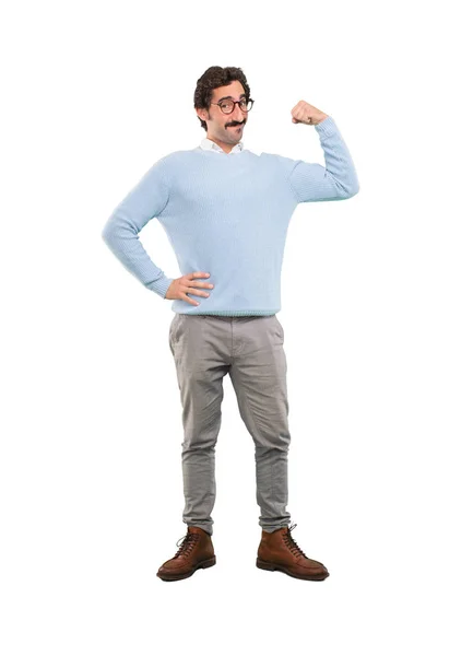 Junger Verrückter Mann Starker Pose Ganzkörperausschnitt Person Vor Weißem Hintergrund — Stockfoto