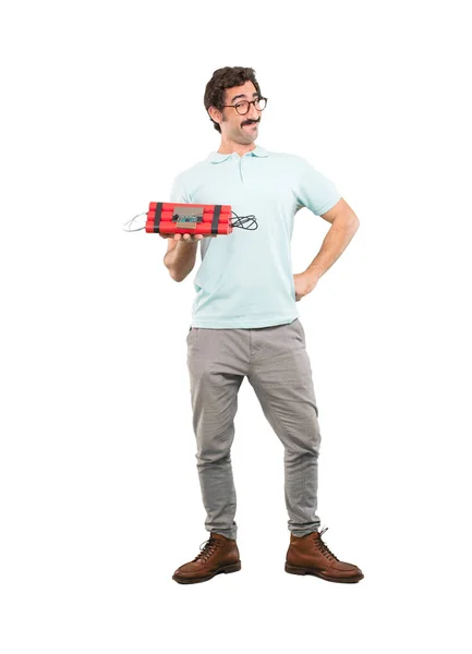 Young Crazy Man Scared Worried Holding Dynamite Bomb Full Body — Stock Photo, Image