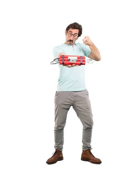 Young Crazy Man Scared Worried Holding Dynamite Bomb Full Body — Stock Photo, Image