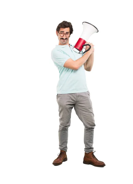 Young Crazy Man Shouting Megaphone Full Body Cutout Person White — Stock Photo, Image