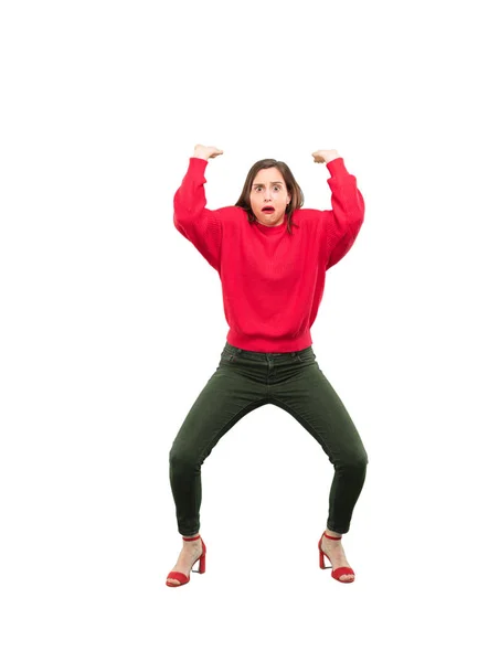 Joven Mujer Bonita Empujando Sosteniendo Cartel Corte Cuerpo Completo Persona — Foto de Stock