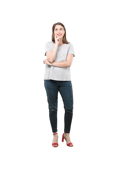 Young Pretty Woman Thinking Confused Full Body Cutout Person White — Stock Photo, Image