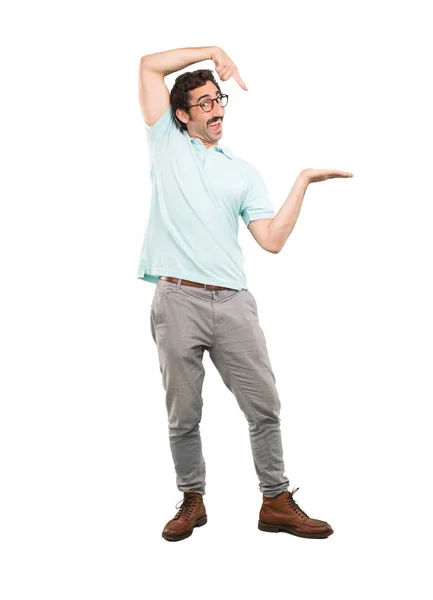 Young Crazy Man Showing Empty Place Your Concept Full Body Stock Picture