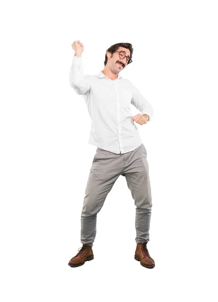 Молодой Сумасшедший Танцует Полное Тело Вырезанный Человек Белом Фоне — стоковое фото