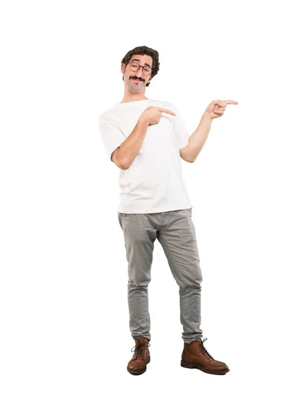 Young Crazy Man Pointing Empty Place Present Your Concept Full — Stock Photo, Image