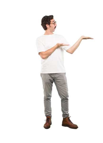 Young Crazy Man Showing Empty Place Your Concept Full Body — Stock Photo, Image