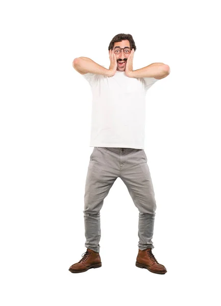 Joven Loco Sorprendido Corte Cuerpo Completo Persona Contra Fondo Blanco — Foto de Stock