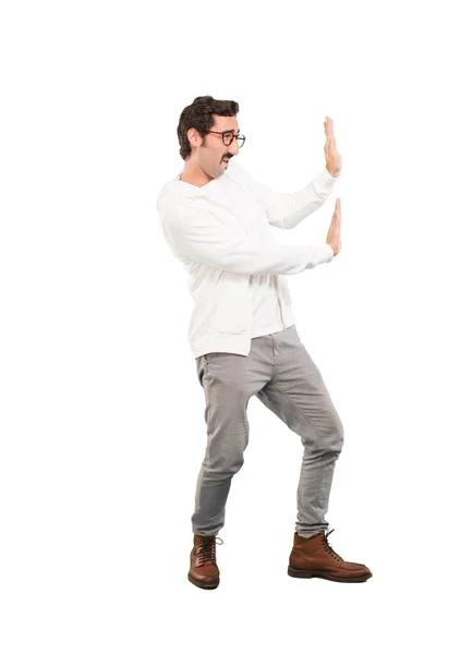 Young Crazy Man Pushing Holding Sign Full Body Cutout Person — Stock Photo, Image