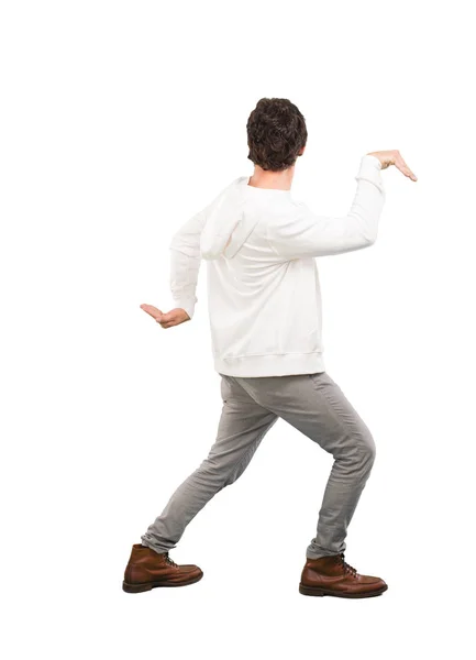 Молодой Сумасшедший Танцует Полное Тело Вырезанный Человек Белом Фоне — стоковое фото